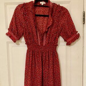 Max Studio Red with Micro Floral Long Dress – Size S – Ruffle Neckline & Smocked